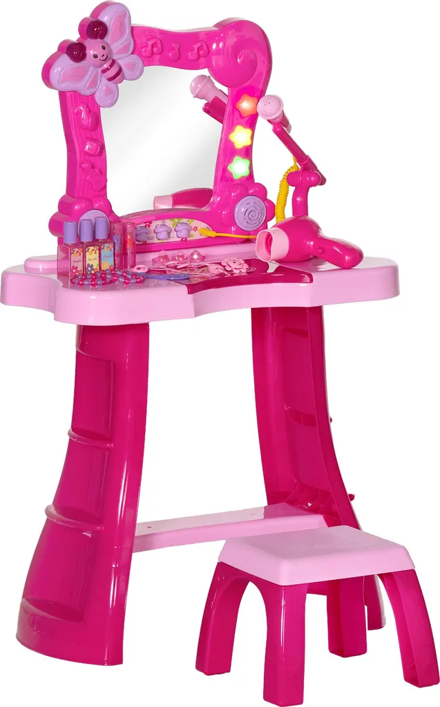 15 PCS Coiffeuse enfant avec miroir, musique et tabouret rose poudré
