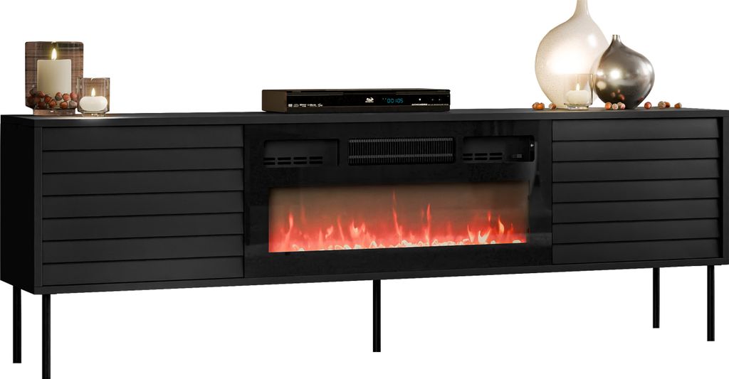 MIRJAN24 TV-Lowboard Cortina 180 mit Kamin, TV-Möbel, mit 2 Drehtüren, Modern, TV-Schrank, Schwarze Stahlfüße, Stehend, Wohnzimmer Kollektion (...