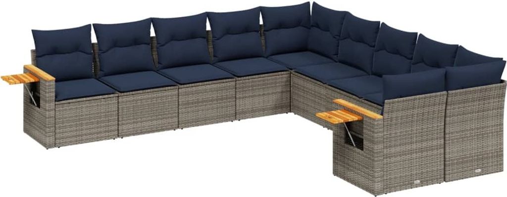 10-tlg. Garten-Sofagarnitur mit Kissen Grau Poly Rattan