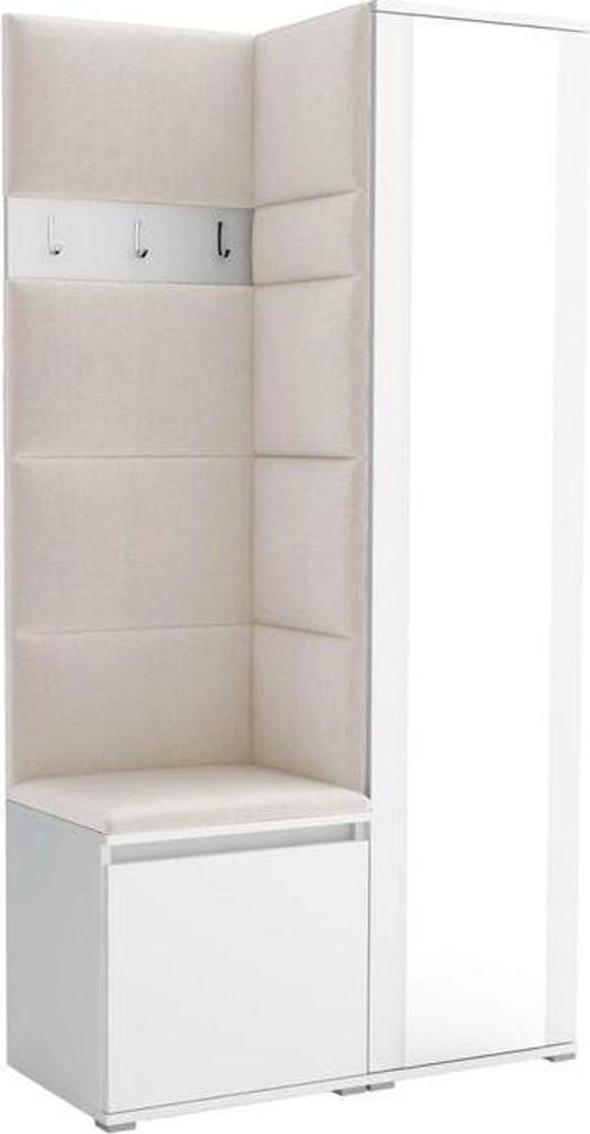 Garderoben-Set Noris VI mit Spiegel, gepolsterte Garderobe 95 cm, kompakte Flurmöbel mit Wandpaneelen, Haken und Stauraum (Farbe: Weiß + Trinity 01)