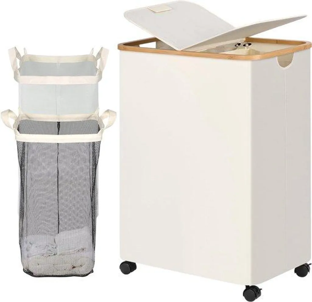 Panier à linge 160 litres beige sur roulettes avec système modulable