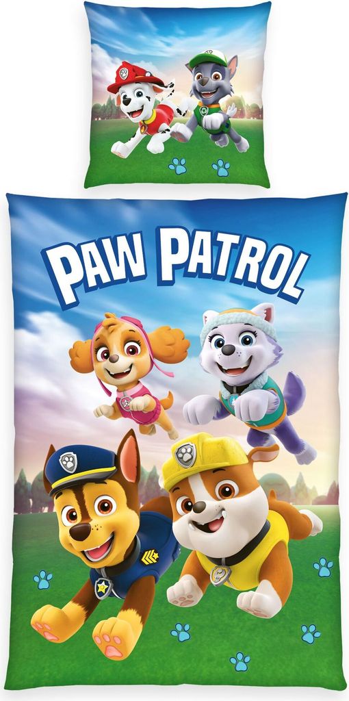 Herding Renforcé Wende Bettwäsche 2 tlg. 135x200cm Paw Patrol Hundepatrouille Wiese Blau Knopfleiste