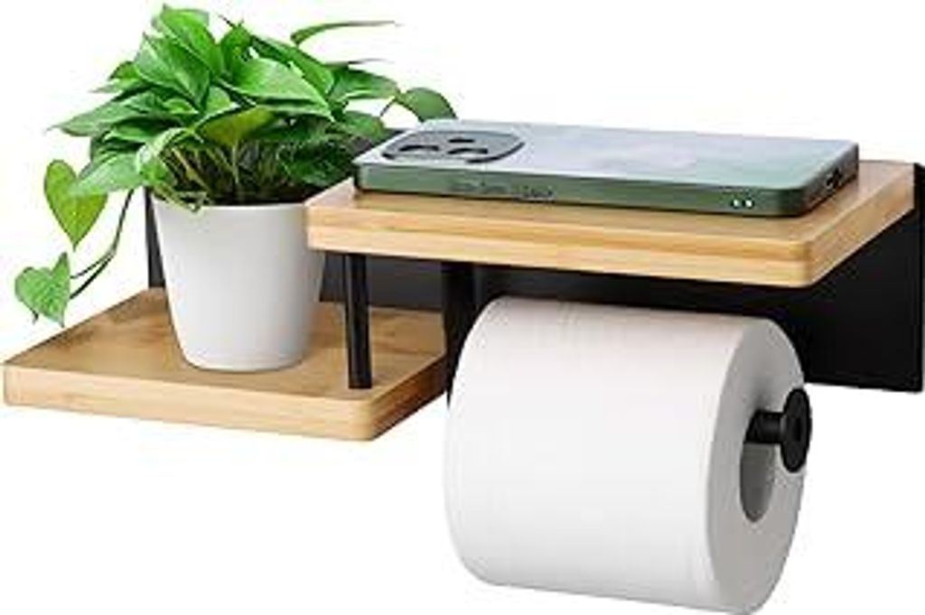 Gelewuld Toilettenpapierhalter Mit Ablage, Klopapierhalter ohne Bohren aus Stahl&Bambus, Klorollenhalter Holz Schwarz für Küche und Badzimmer, To...