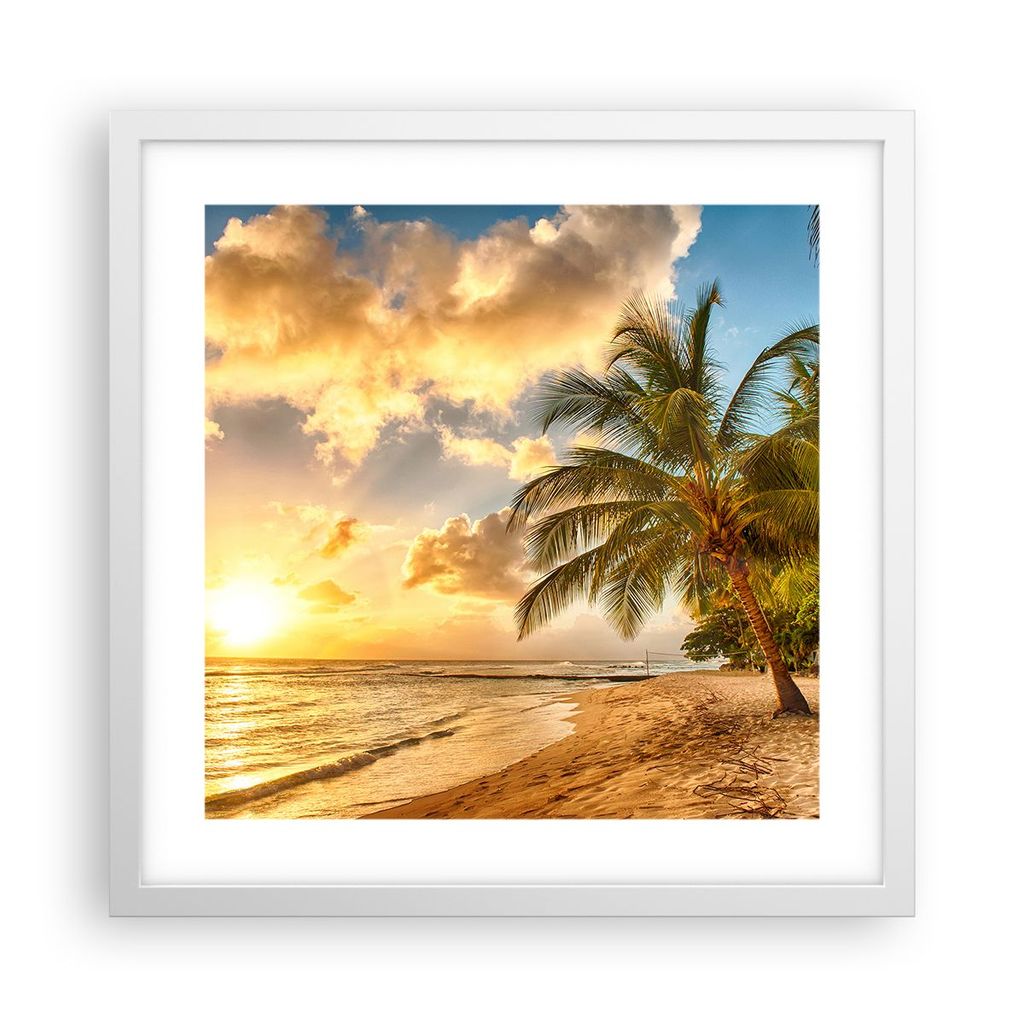 Gerahmtes Poster - Weißer Rahmen - Strand Meer Palme - 40x40 cm - Wand Bild - Wanddeko - Wandbilder - Kunstposter - Wandposter - Bilderrahmen - Bi...