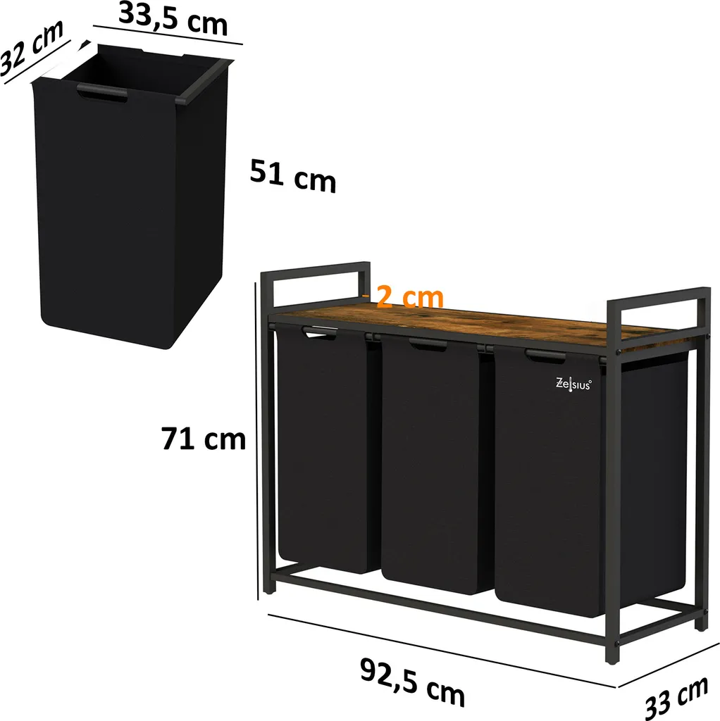 Panier à linge 3 compartiments avec étagère bois noir gain de place - 4