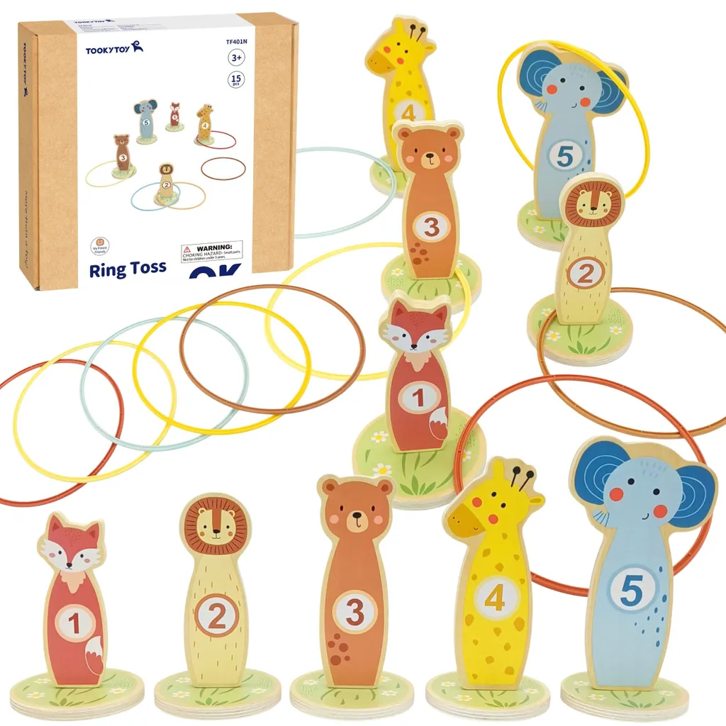 Tooky Toy Jeu d'Adresse de Lancer d'Anneaux en Bois avec 15 Pièces