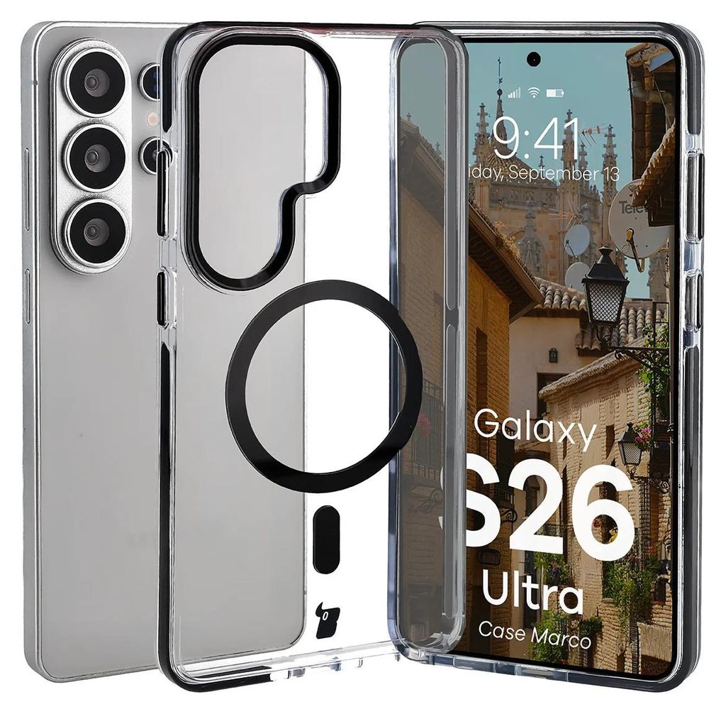 Handyhülle mit Magnetring für Galaxy S26 Ultra, Bizon Case Marco, Transparent mit schwarzem Rahmen