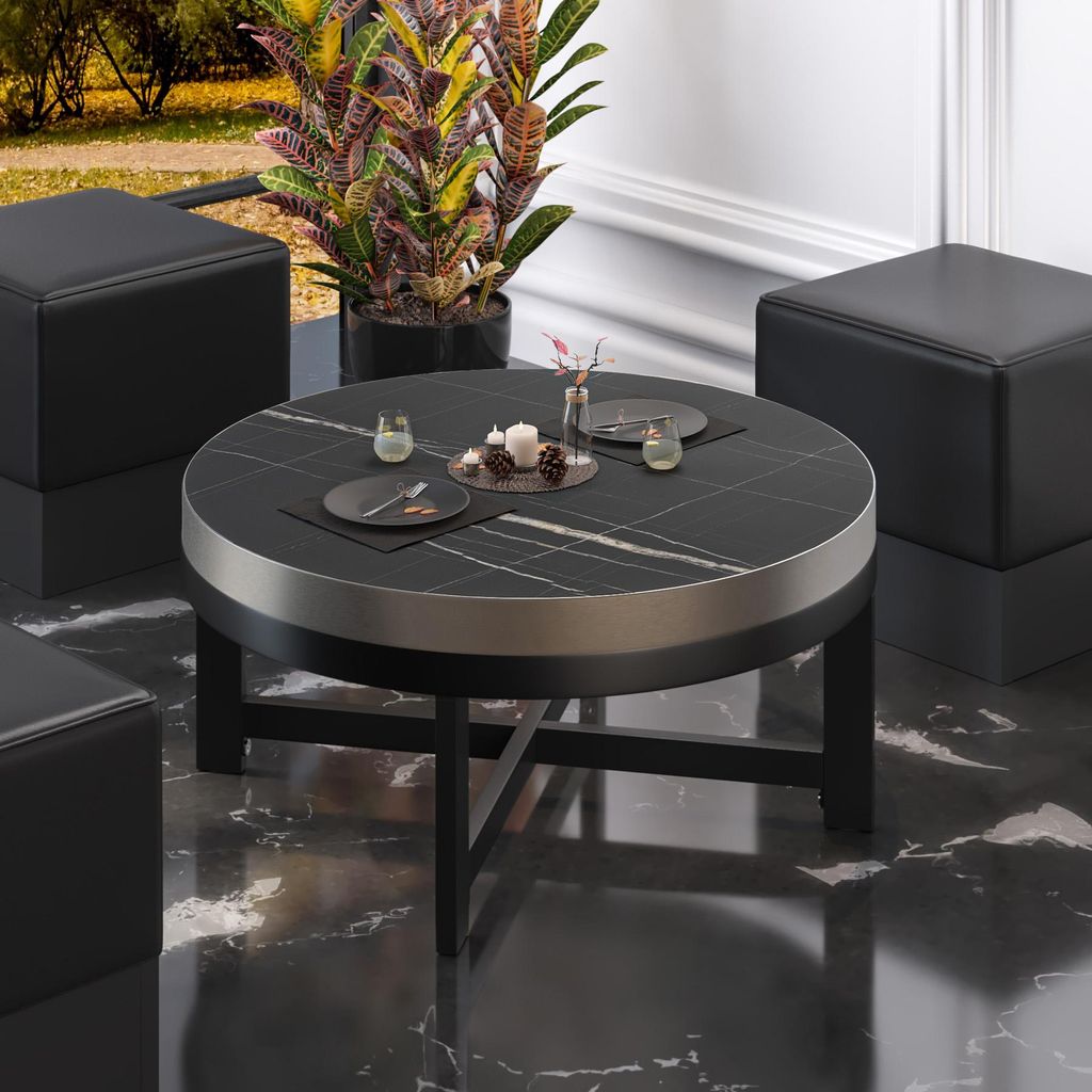 BO | Bistro Lounge Tisch | Ø80xH34cm | 50mm | Edelstahl Rand | Schwarz Marmor/ Schwarz | Bistro Lounge Tisch Restauranttisch