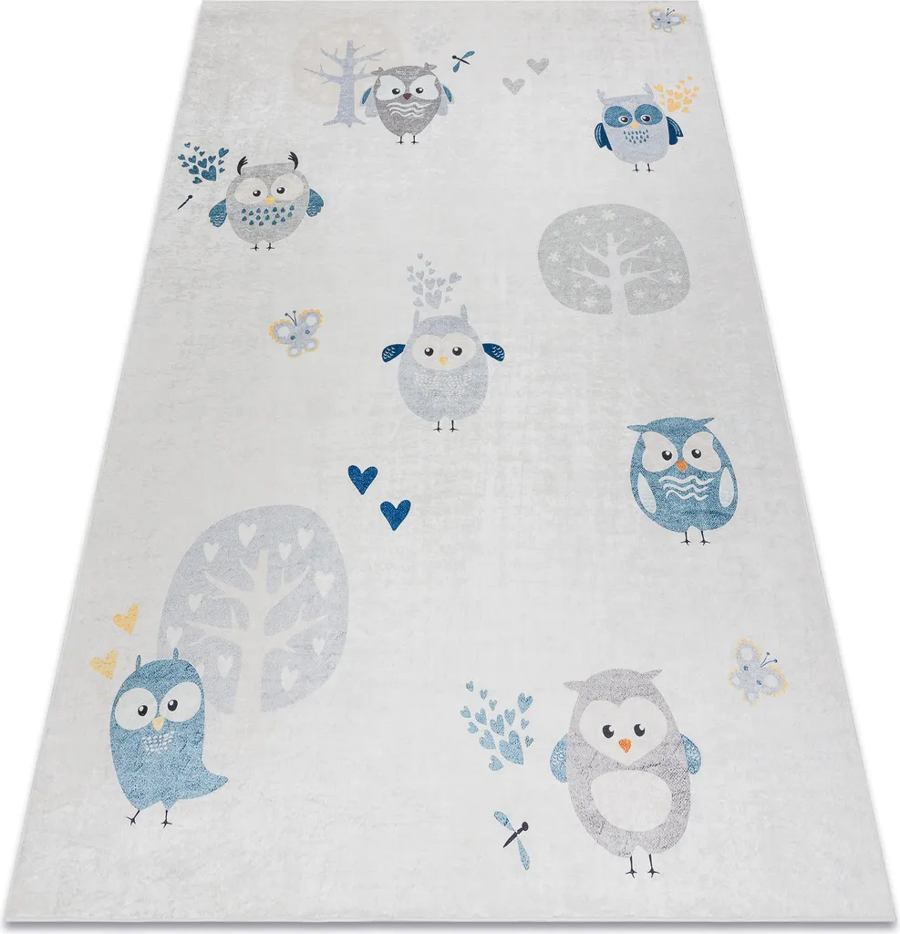 Tapis de chambre enfant lavable gris à motifs hiboux - Style BAMBINO