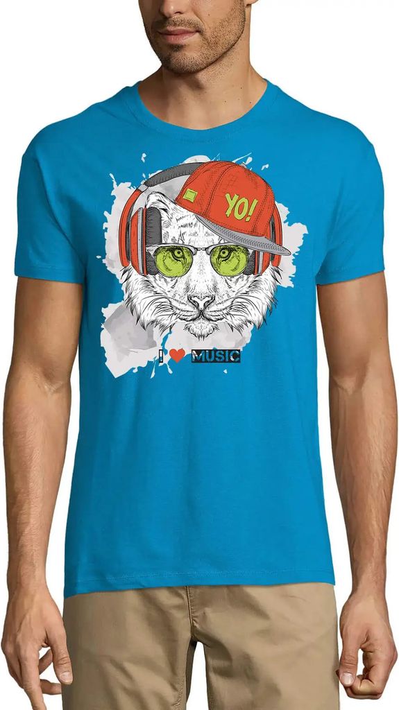 Herren Grafik T-Shirt Cool Tiger Yo - I Love Music Funny Öko-Verantwortlich Vintage Jahrgang Kurzarm Lustige Druck Geburtstag Geschenk Mann