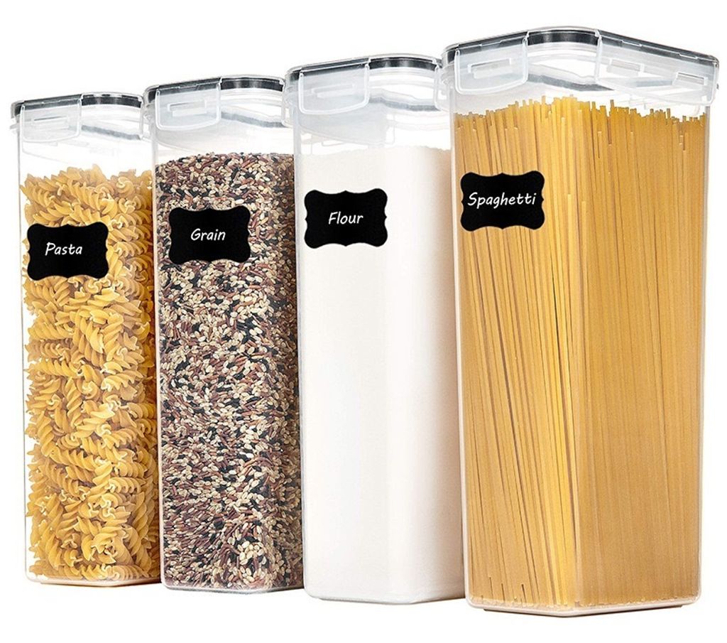 Four clear plastic food storage containers filled with different food items, labeled with black chalkboard-style labels.