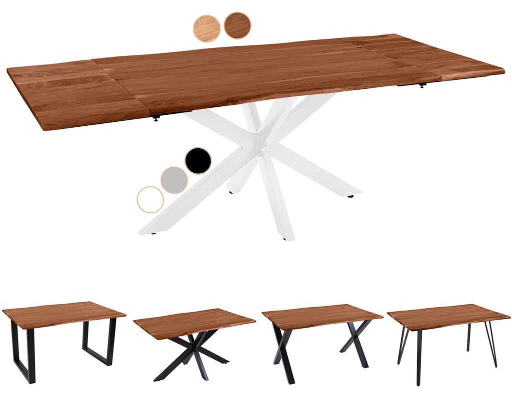 Baumkantentisch 200 (300) x 100 cm Avino, Akazienholz nussbaumfarben & massiv, Esszimmertisch mit 2 Ansteckplatten, Weißes Spider-Metallgestell, E...