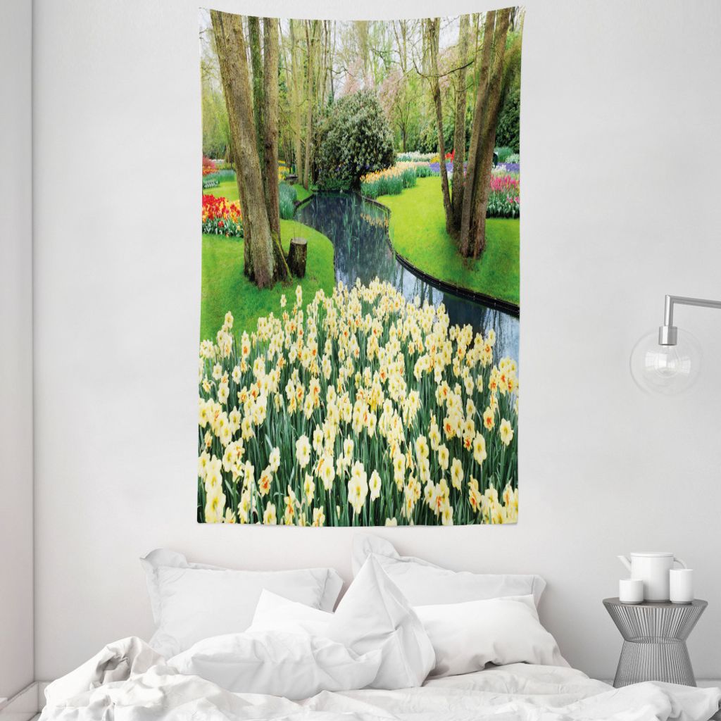 ABAKUHAUS Frühling Wandteppich und Tagesdecke, Flower Garden Grass Park aus Weiches Mikrofaser Stoff Waschbar ohne Verblassen Digitaldruck, 140 x ...