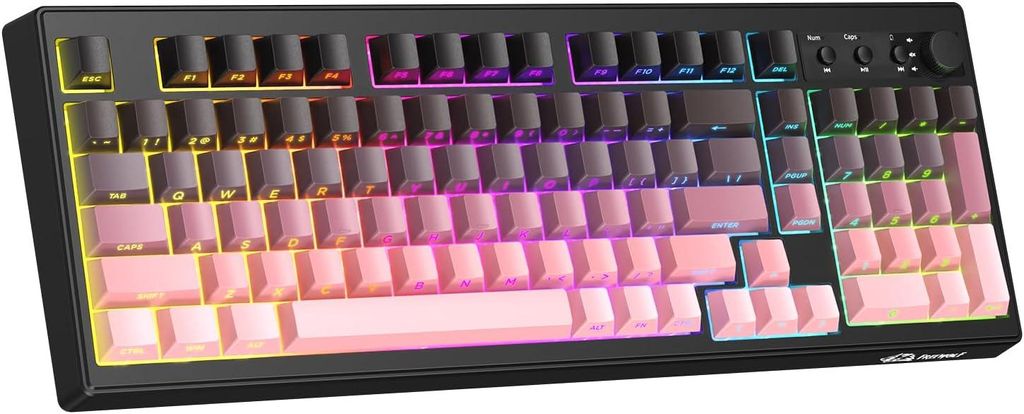Kabellose Gaming-Tastatur K100 Tri-Mode BT/2.4G/Kabel, 102 Tasten PBT Gradient, RGB Backlit, Silent Tasten, Drehknopf, 4000mAh, PC/Mac/BT