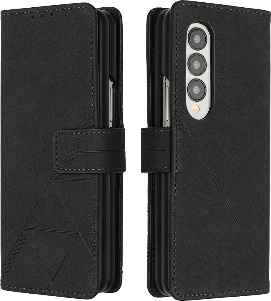 Galaxy Z Fold4 Hülle, Schlank Prägung Flip Leder Kartenfächer Schutzhülle mit Ständer für Samsung Galaxy Z Fold4 Schwarz