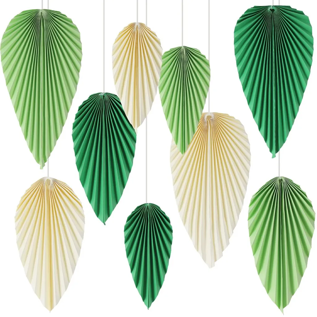 Kit décoration de fête : guirlande éventails papier vert et jaune 9 pcs