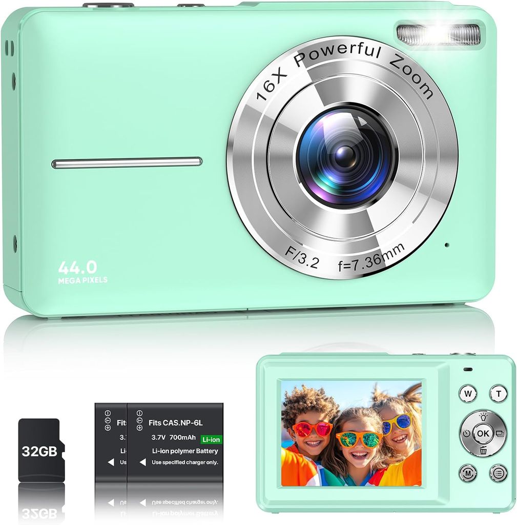 A mint green digital camera with accessories displayed below it.