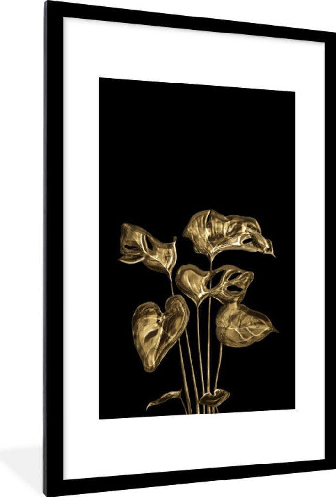 MuchoWow MuchoWow Gerahmtes Poster Blätter - Herz - Gold 60x90 cm - Poster mit zchwarzem Bilderrahmen - Dekoration - Wandposter Wohnzimmer - H...