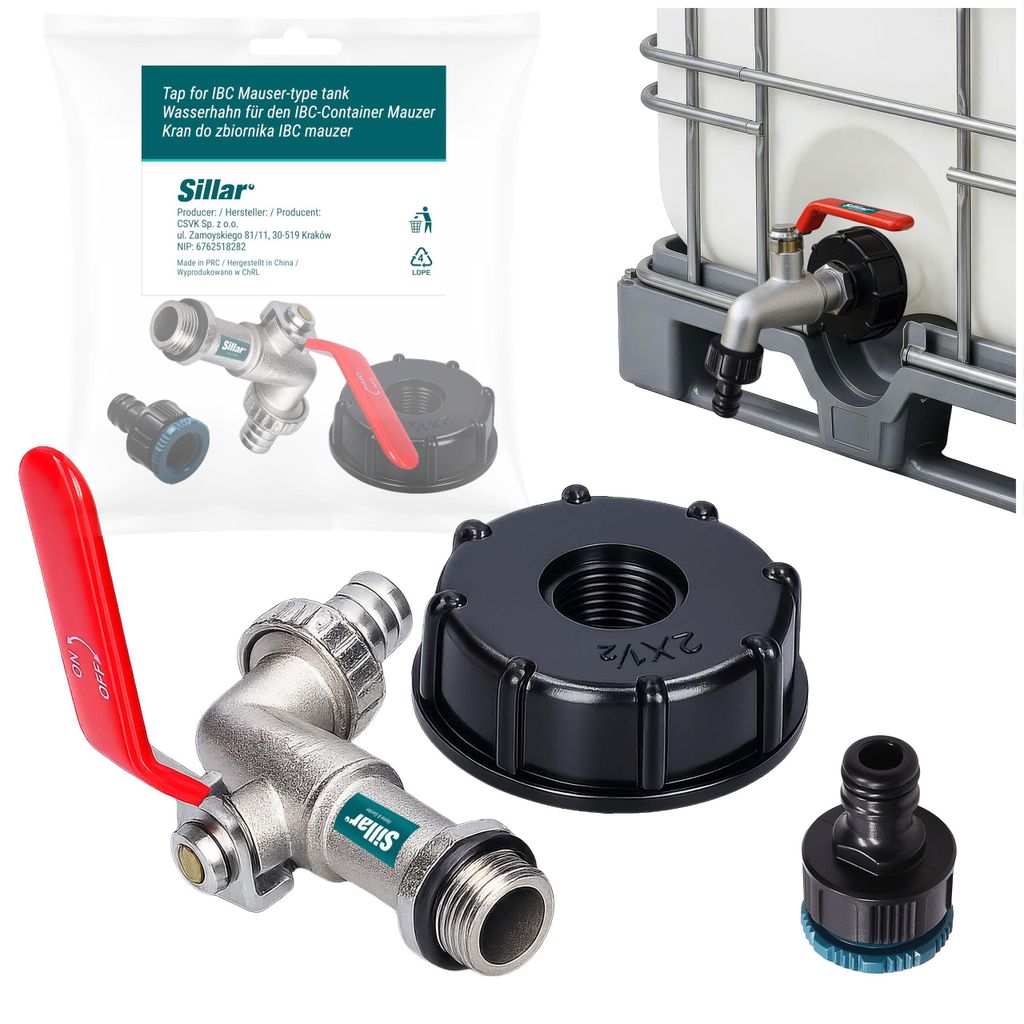 Sillar IBC Adapter S60x6 1/2 Zoll mit Kugelhahn – Wassertank Anschluss Set mit Schlauchanschluss für Garten & Regentonne