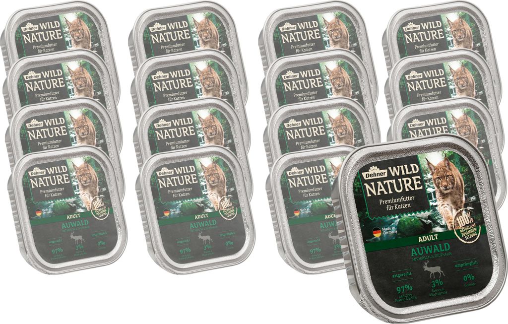 Dehner Wild Nature Katzenfutter Auwald, Nassfutter getreidefrei, für ausgewachsene Katzen, Hirsch / Truthahn, 16 x 100 g Schale (1.6 kg)