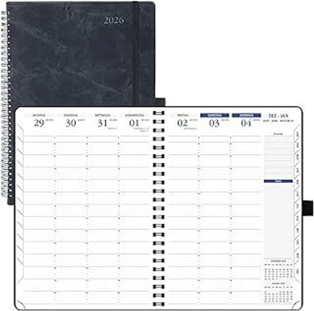 Agenda POPRUN 2026 A4 con raccoglitore ad anelli in tedesco - Agenda settimanale con intervalli di 15 minuti e registro mensile. Calendario 2026 Calendario a libro con copertina morbida in Finto cuoio - Nero