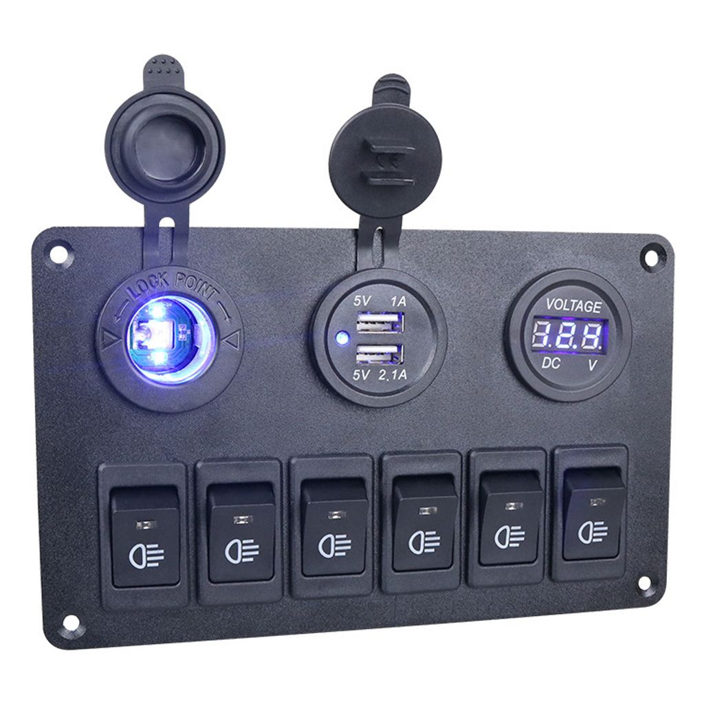 INF Auto-LED-Lichtschalterfeld mit zwei USB-Anschlüssen und Spannungsmesser