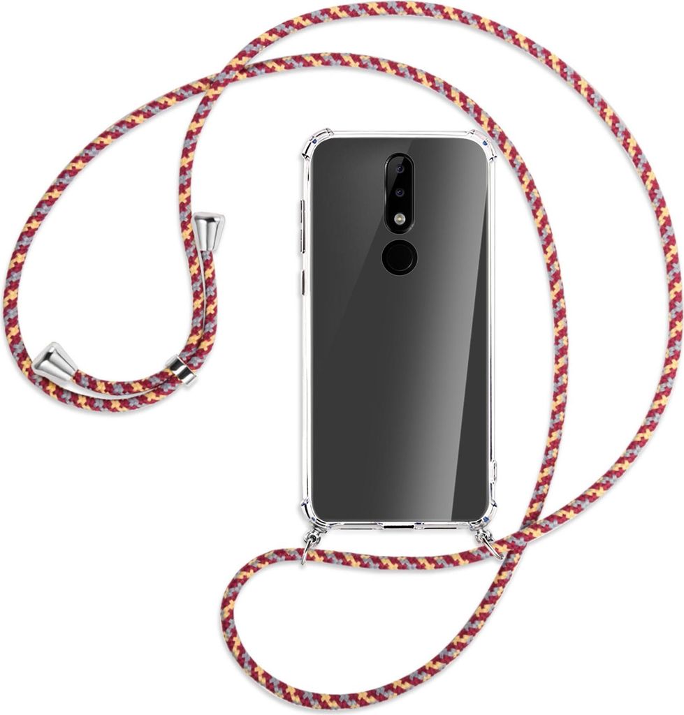 Handykette Backcover-Schutzhülle mit Band (Metall silberfarben) für Nokia 5.1 Plus / X5 - weinrot/gelb/grau