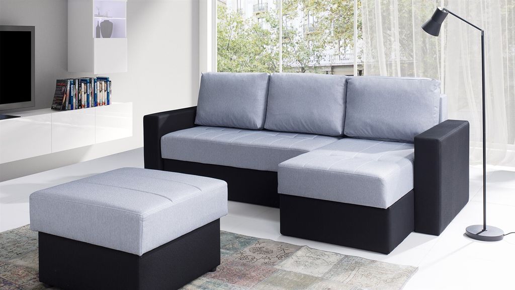 Ecksofa Schlafsofa LABRI inkl.Hocker Schwarz/ Hellgrau Ottomane Rechts