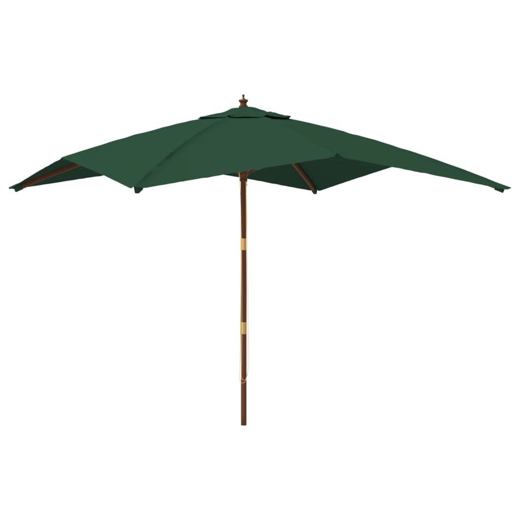 A green patio umbrella with a wooden pole against a white background.