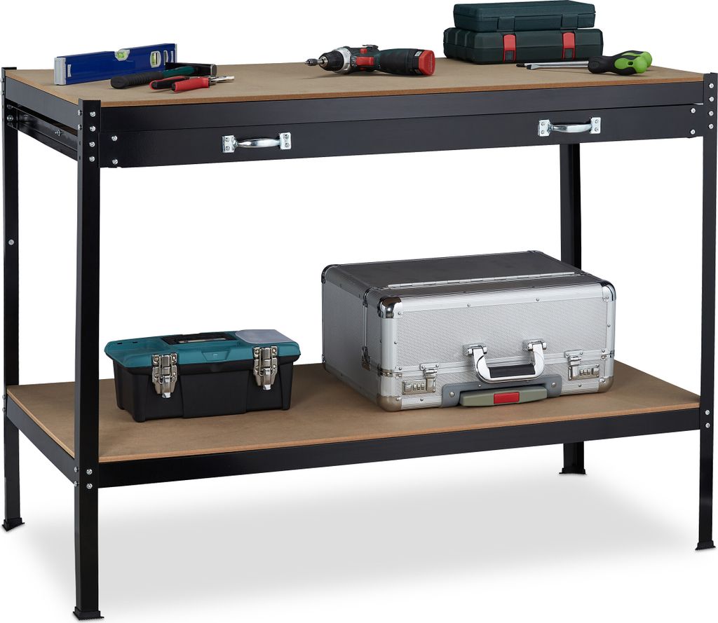 Relaxdays Werkbank mit Schublade, 2 Ebenen, Werkstatt & Garage, Stahl & MDF, Werktisch, HBT 90,5 x 121 x 63,5cm, schwarz
