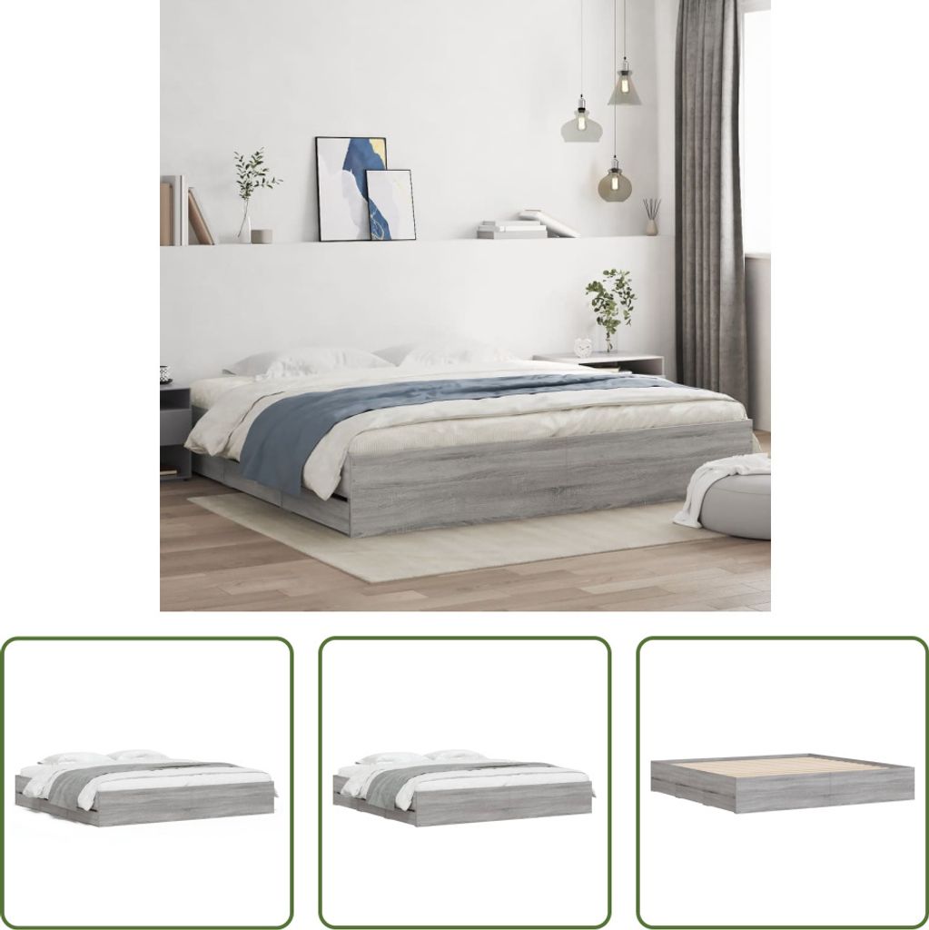 The Living Store Bettgestell mit Schubladen Grau Sonoma 200x200cm Holzwerkstoff
