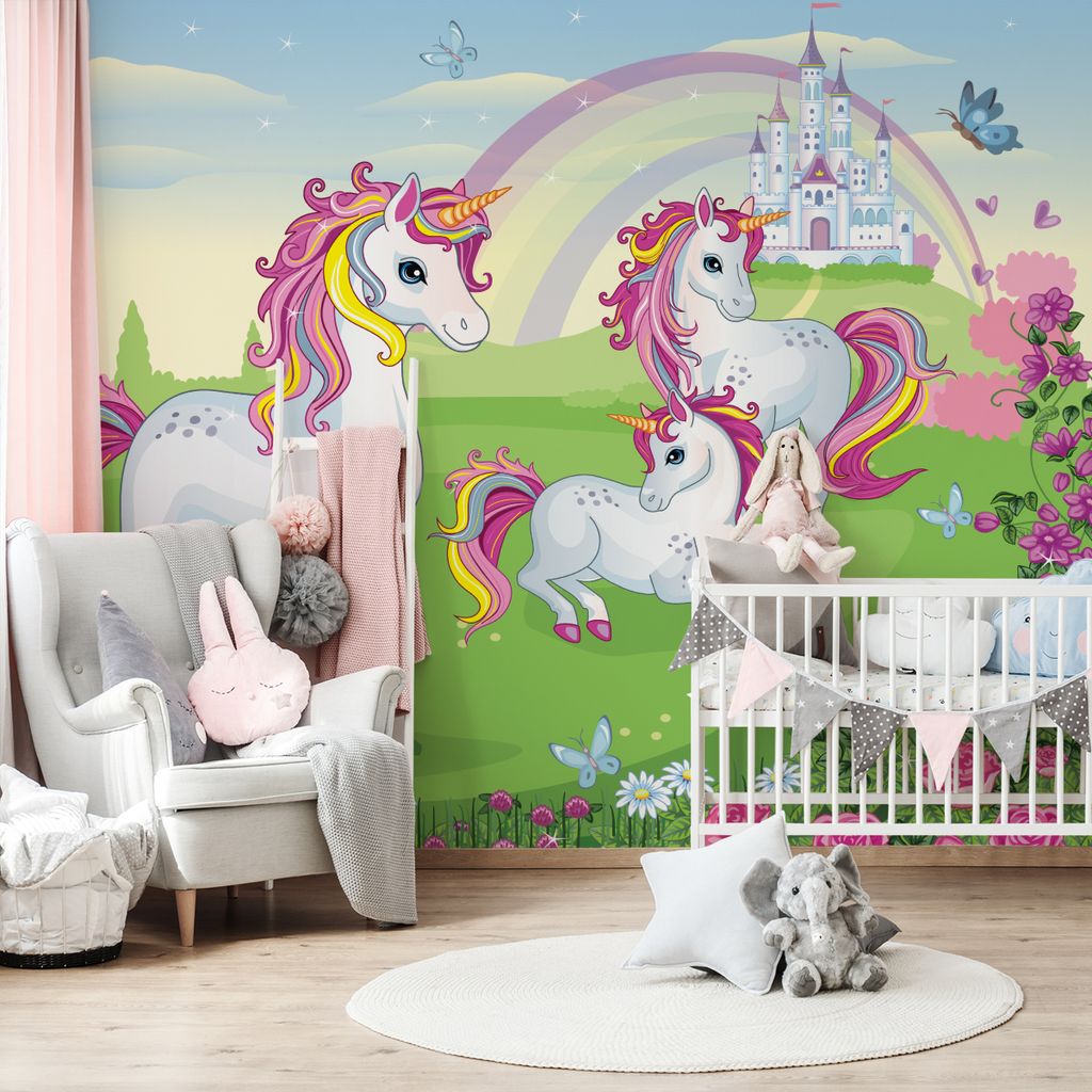 Muralo XXL Selbstklebende FOTOTAPETE Einhoerner SCHLOSS Wiesenschmetterlinge (B) 270 cm x (H) 180 cm Tapete Wandtapete WOHNZIMMER SCHLAFZIMMER 4851