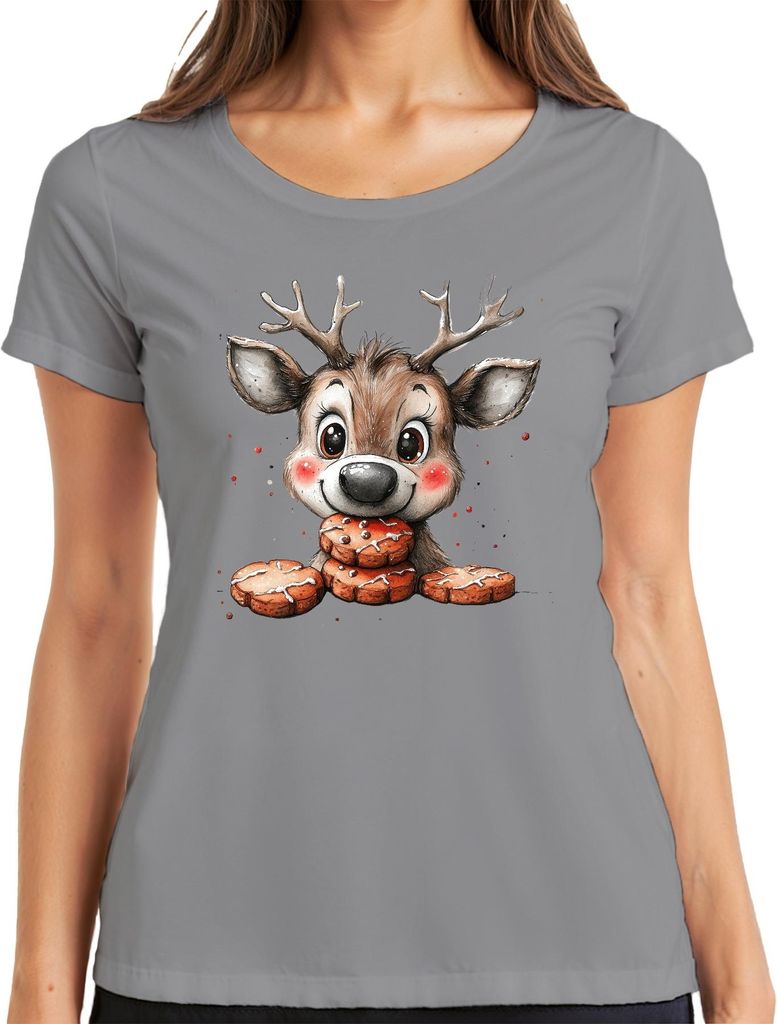 Rentier Lebkuchen Weihnachten süß Kinder Geschenk Niedlich Damen T-Shirt, Grau, M