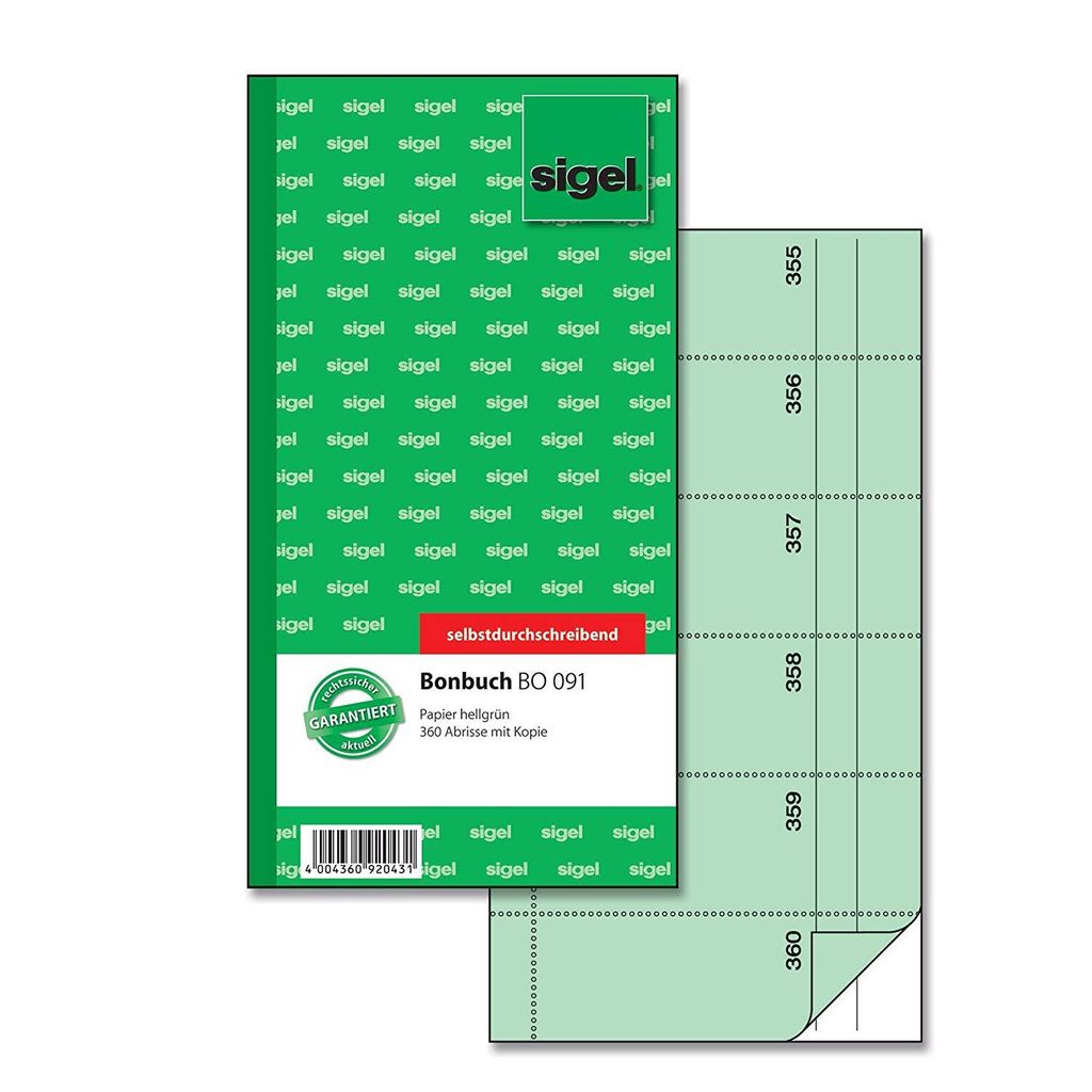 SIGEL BO091 Bonbuch, 360 Abrisse, hellgrün, 105x200 mm, selbstdurchschreibend, 2 x 60 Blatt