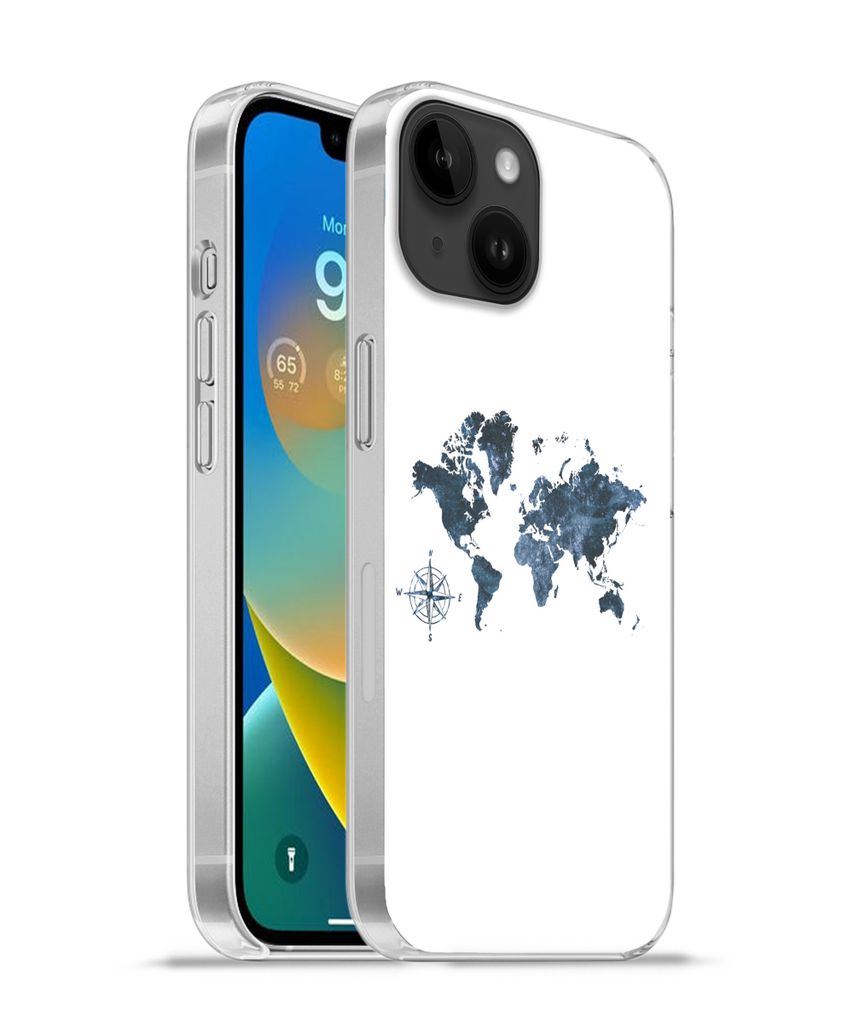 MuchoWow Handyhülle Schutzhülle Hülle für Apple iPhone 14 - Softcase Weltkarte - blau - Kompass Silikon Softcase Handy Hülle - Mobiltelefonh...