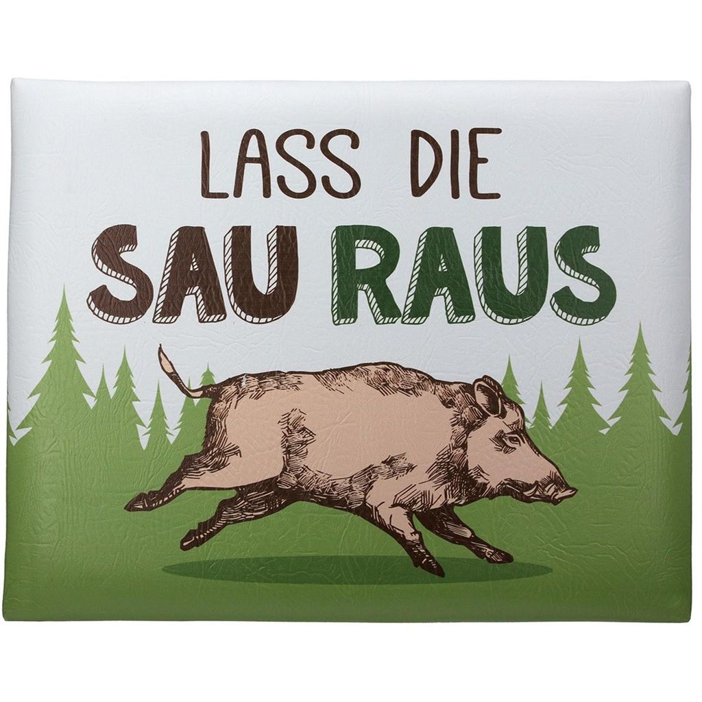 Gilde Sitzpolster, rechteckig, "Lass die Sau raus", Wildschweinmotiv, Kunststoff, mehrfarbig, VE 6, L. 34 cm, B. 44 cm, H. 5 cm