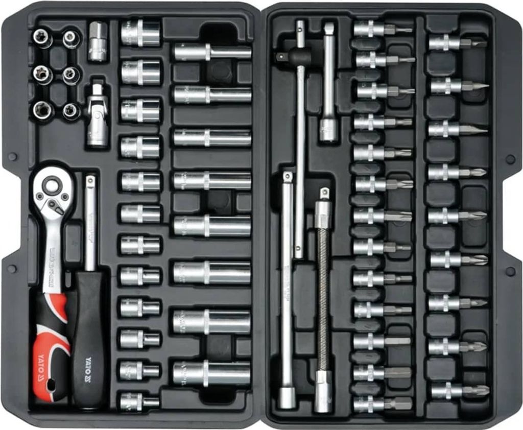 A tool kit laid out in its case.