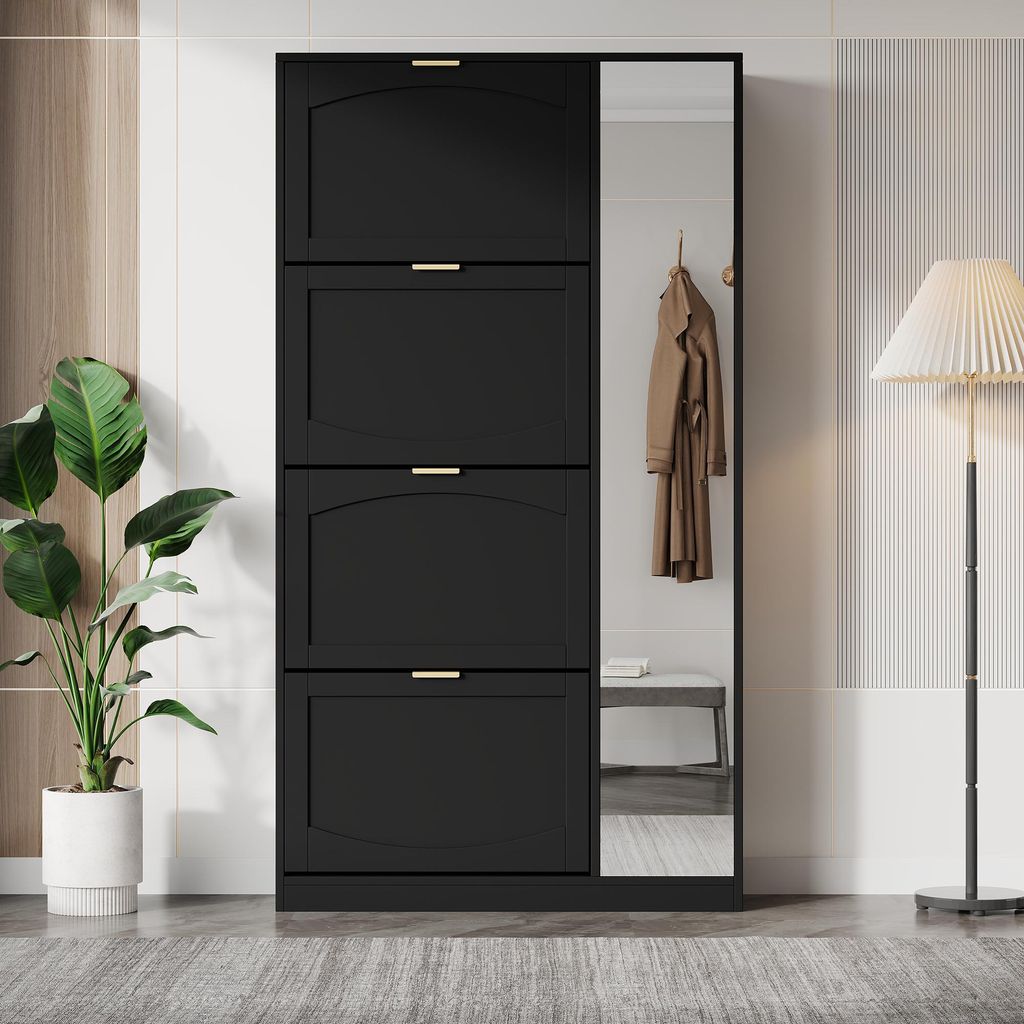 Schuhschrank mit Spiegel für den Flur, 4 klappbare Aufbewahrungsfächer, verstellbares Regalbrett hinter Spiegel, Schwarz, modern & platzsparend
