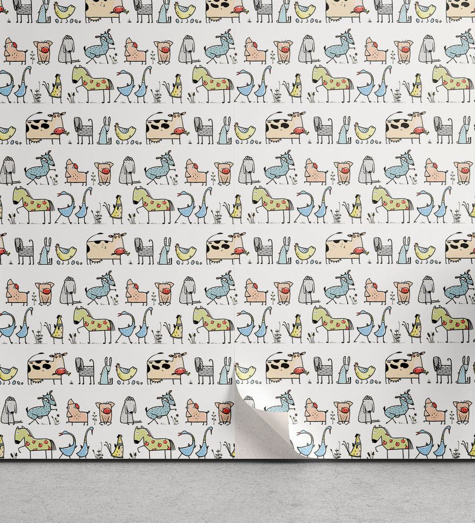 ABAKUHAUS Retro abziehbare & klebbare Tapete für Zuhause, Cartoon Dorf Tiere, selbstklebendes Wohnzimmer Küchenakzent, 33 cm x 180 cm, Beige Gelb