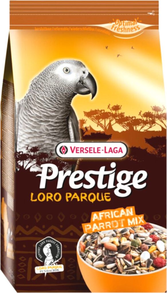 A bag of bird food with an image of an African Grey parrot and a bowl of birdseed.