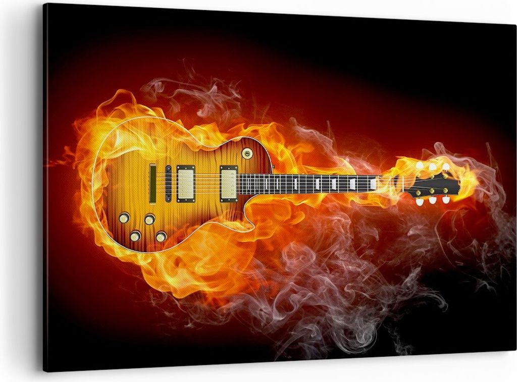 Bild auf Leinwand - Leinwandbild - Feuer Gitarre Instrument - 100x70cm - Wand Bild - Wanddeko - Leinwanddruck - Bilder - Kunstdruck - Wanddekoratio...