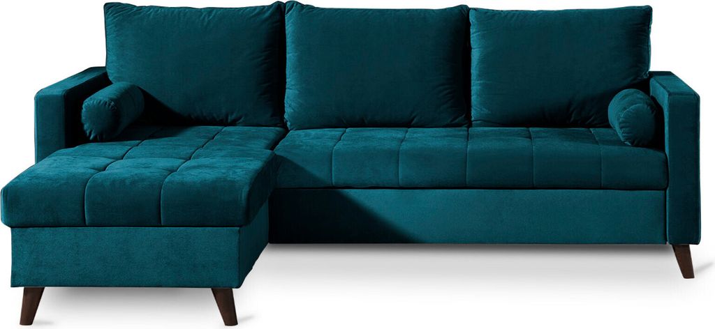 Best Möbel POLAR - Ecksofa beidseitig montierbar mit Schlaffunktion - aus Samt in skandinavischem Design - 4 Sitze , Entenblau