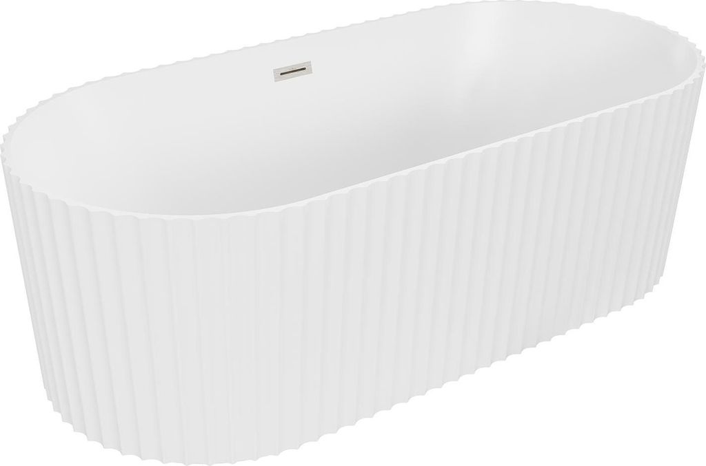 Mexen Paola freistehende geriffelte Wanne 150 x 75 cm, weiß matt, Überlauf gebürstetes Nickel - 52721507501-97