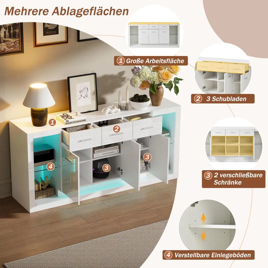 Buffet bas blanc brillant 160cm avec 14 compartiments et éclairage LED - 10