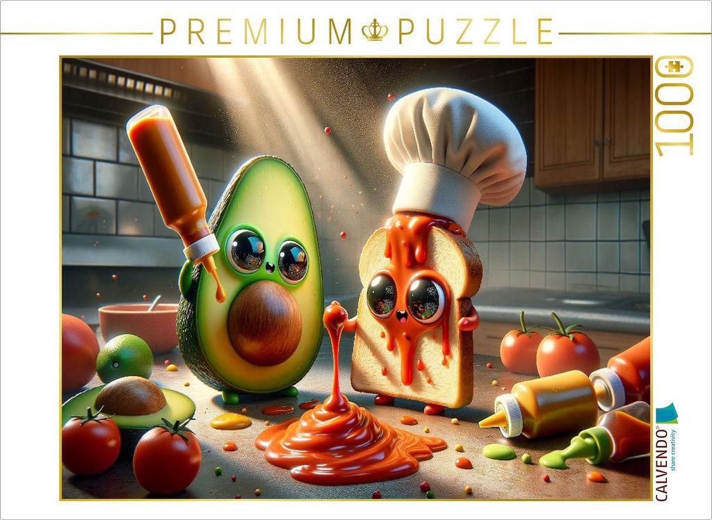 CALVENDO Puzzle Saucen-Explosion im Sonnenlicht: Avocado und Toast in der Ketchup-Krise | 1000 Teile Lege-Größe 64x48cm Foto-Puzzle für glückli...