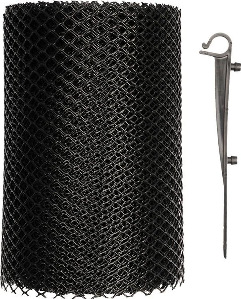 A roll of black mesh gutter guard with a plastic stake clip.