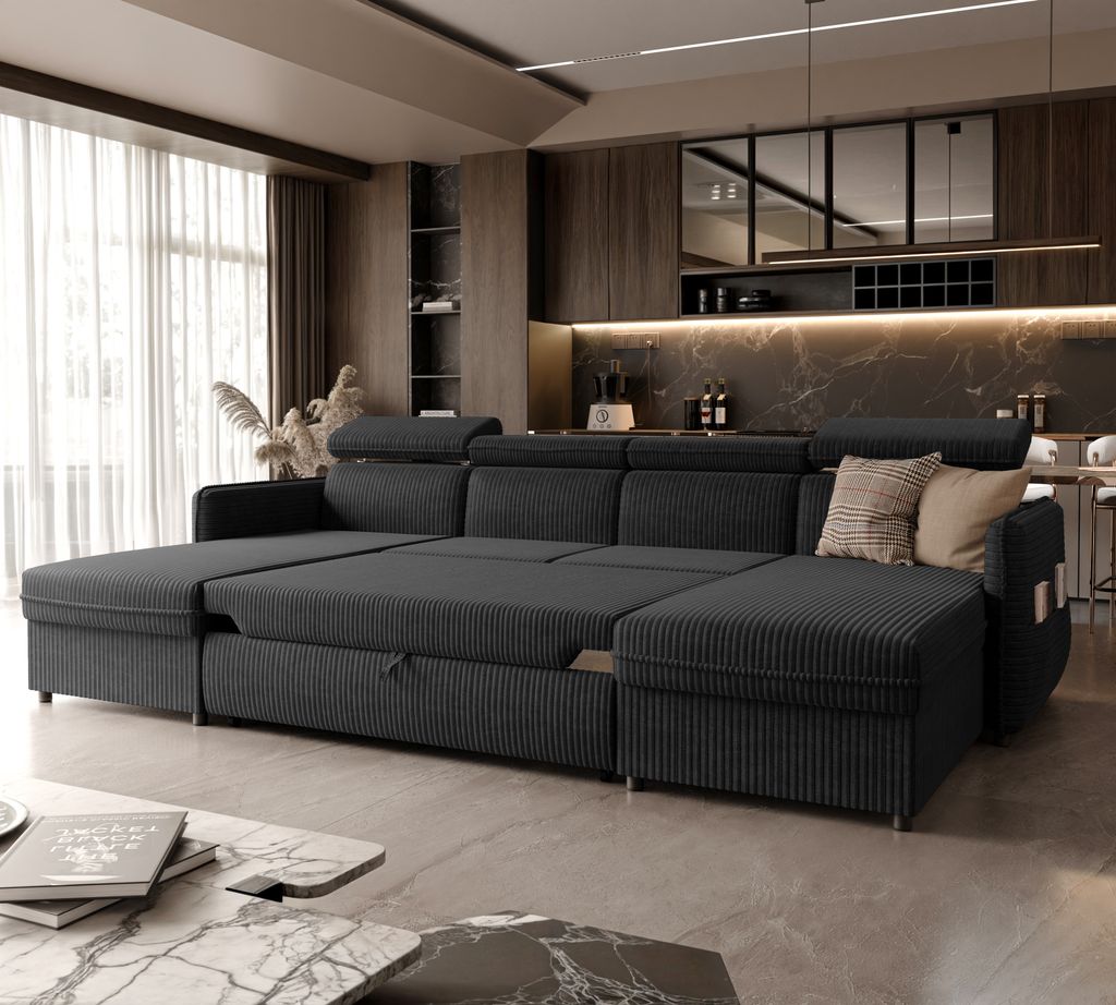 IDOHOME-Ecksofa Beni mit Schlaffunktion Bettcouch Sofa mit Relaxfunktion und Kopfstützen Eckcouch U-Form Wohnzimmer Bettsofa Poso 135 Schwarz