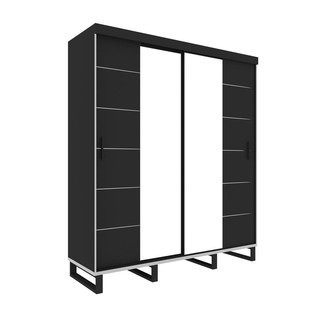 BETTSO Schwebetürenschrank 200 cm mit Spiegel 3 türiger Kleiderschrank mit Kleiderstange Metall Beinen Schlafzimmer Schiebetüren GREY 200 Schwarz