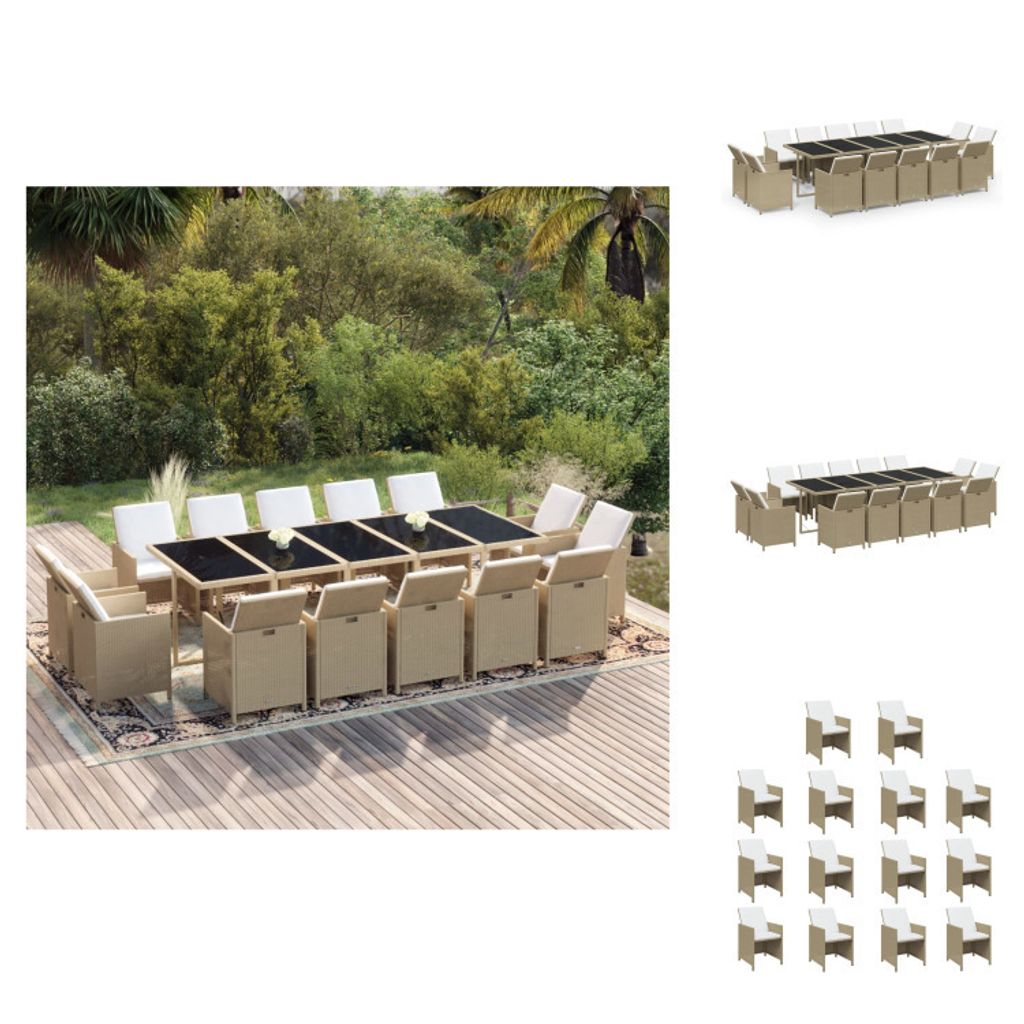 vidaXL 15-tlg. Garten-Essgruppe mit Kissen Poly Rattan Beige - Gartenmöbel-Sets
