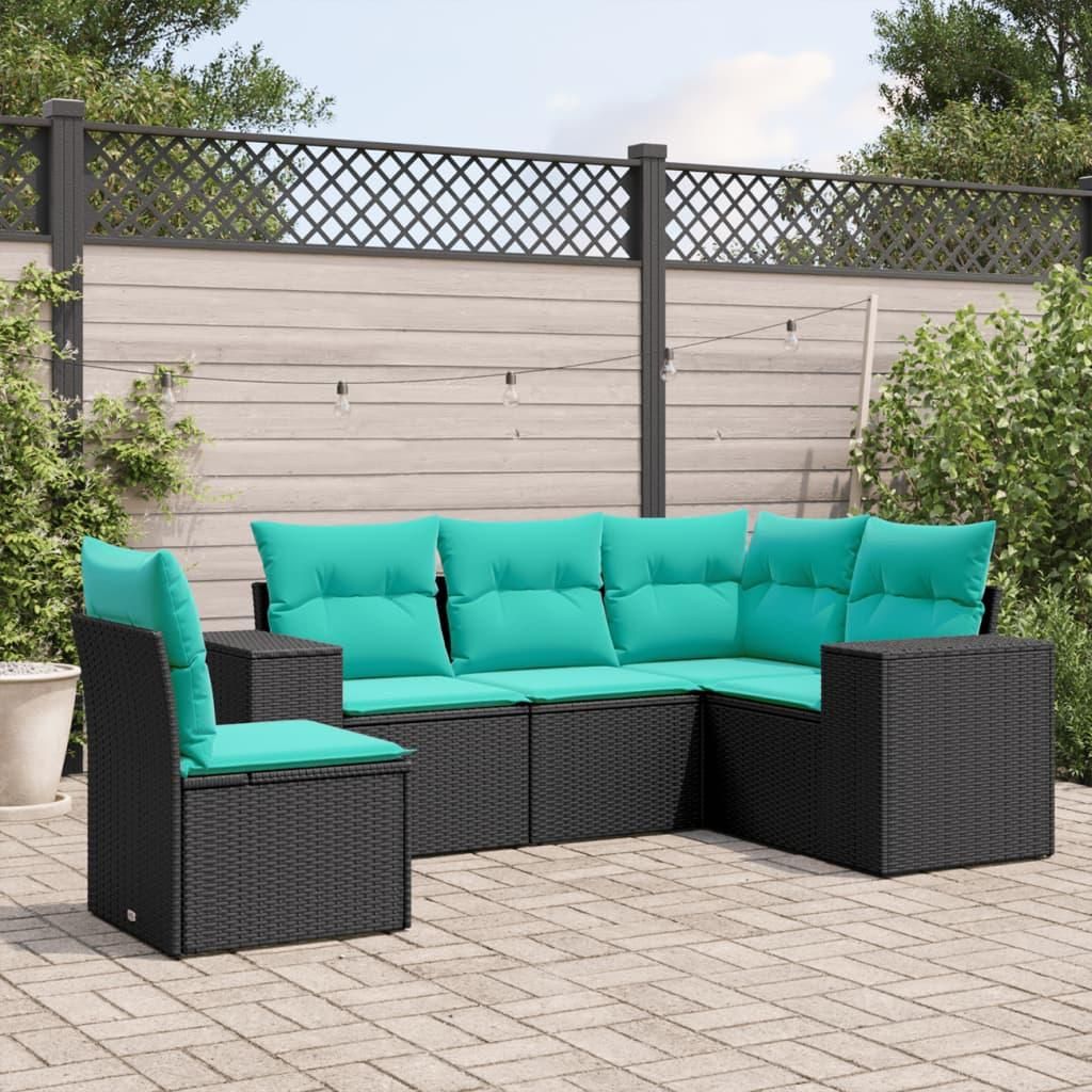 Maison Exclusive - 5-teiliges Gartensofa-Set mit Kissen, schwarzes Polyrattan